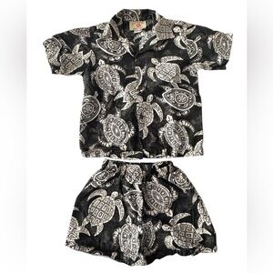 Kids Black Turtle design Hawaiian Shirt & Shorts Set